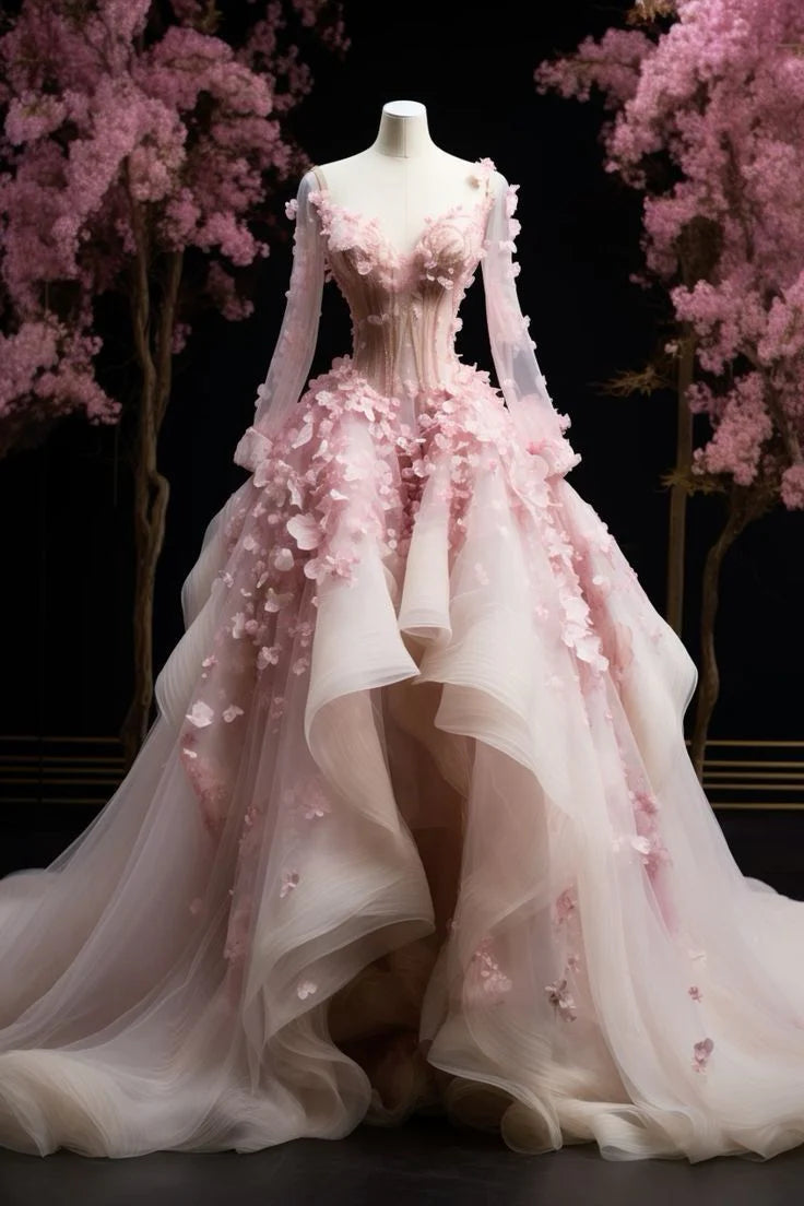 Wunderschönes, exquisites Blumenmuster in A-Linie, langer Tüll, langärmelig, Ballkleid, Ballkleid, Abendkleid, Hochzeitskleid, gh3273