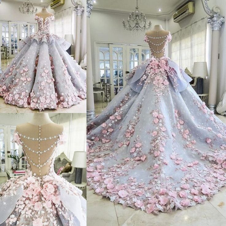 Wunderschönes, exquisites, langes Ballkleid aus Tüll mit Blumenapplikationen in Rosa, Abendkleid, Hochzeitskleid gh3327