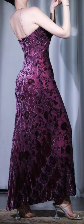 Halter Dark Purple Mermaid Evening Dress, Vintage Floral Burnout Velvet Beaded Formal Midi Gown gh9902