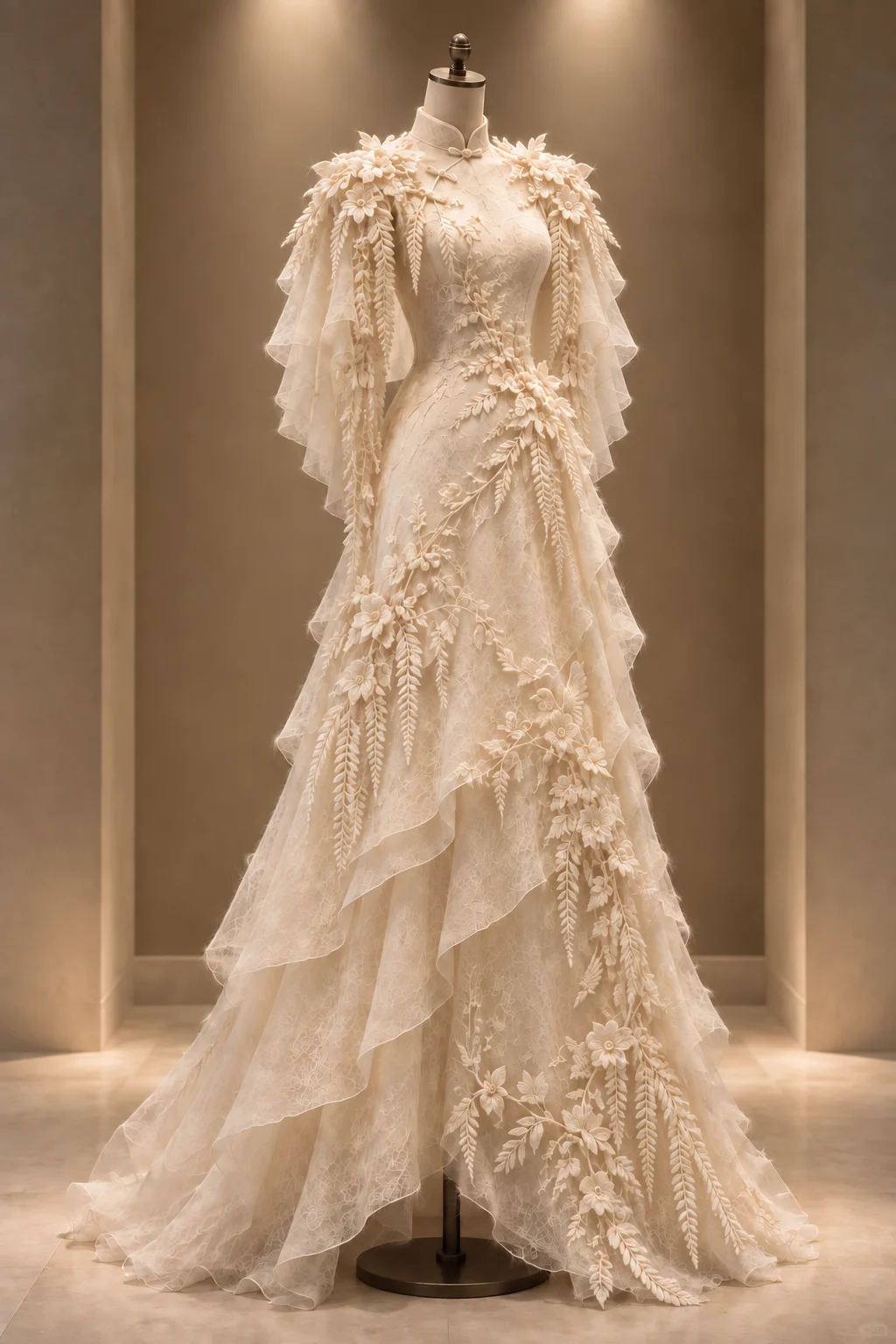 ✨Girlhomeshops-Mandarin Collar Cape Sleeve Lace Mermaid Qipao Gown with 3D Floral Appliques gh10304