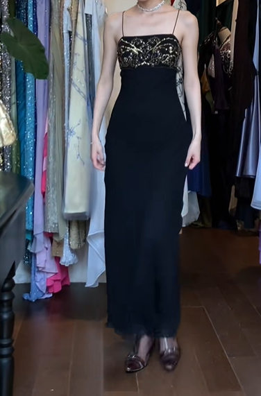 Black Vintage Prom Dress Spaghetti Straps Straight Neck Gold Beaded Chiffon Long Evening Gown gh9603