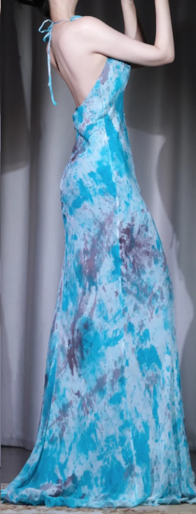 ✨Girlhomeshops-Halter Blue Tie Dye Mermaid High Slit Rhinestone Long Evening Dress gh10003