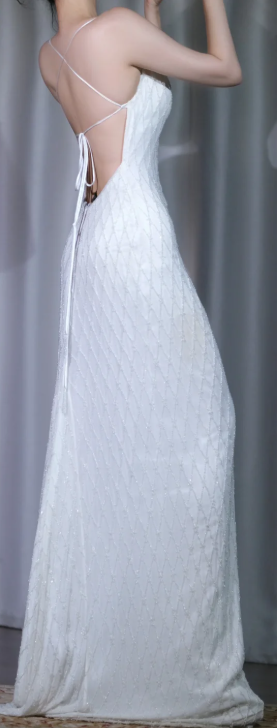 ✨Girlhomeshops-White Beaded Mermaid Evening Gown Spaghetti Strap Cowl Neck gh10121