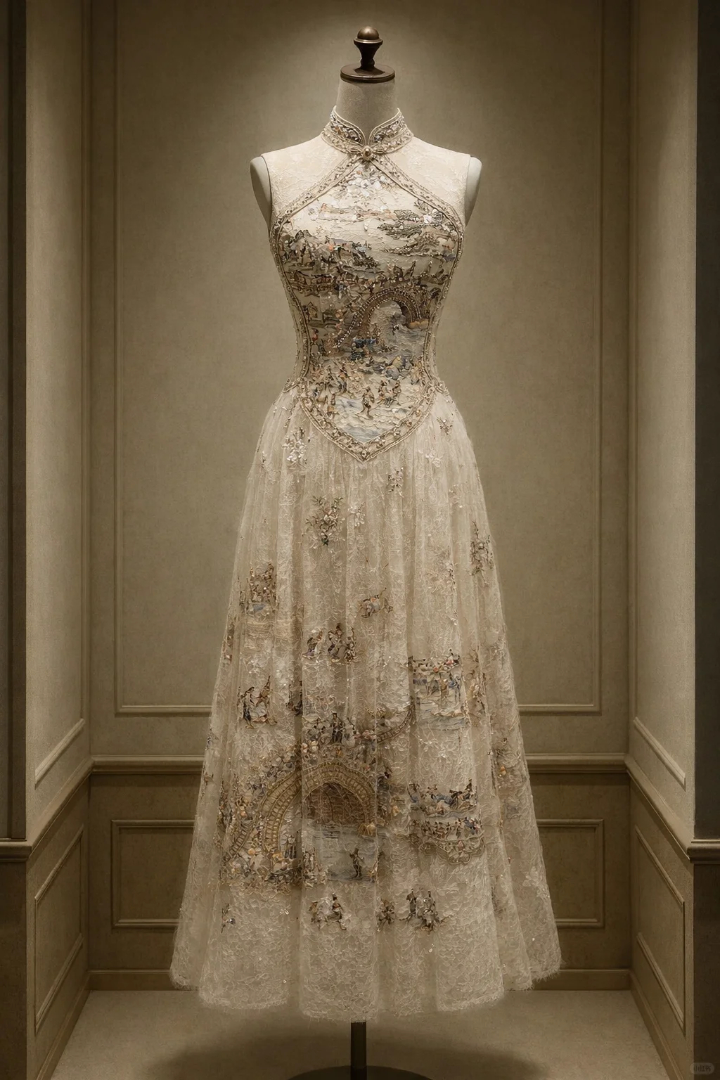 ✨Girlhomeshops-Champagne Sleeveless Qipao Dress with Ancient Riverside Scene Embroidery & Beaded Tulle gh10534