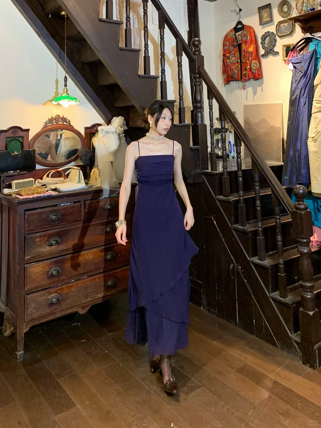 Straight Neck Dark Purple Chiffon Evening Dress, Spaghetti Strap Ruched Lace Waist Asymmetrical Skirt Vintage Formal Gown gh9887