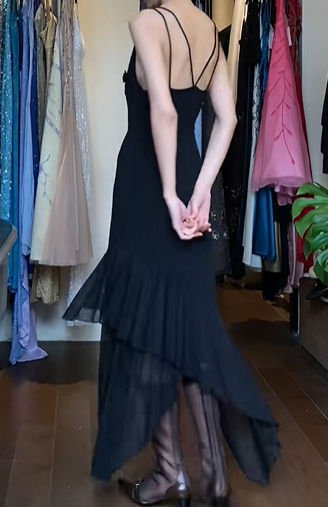 Black Double Strap Long Formal Gown 3D Floral Beaded Asymmetrical Ruffle Mermaid Dress gh9637