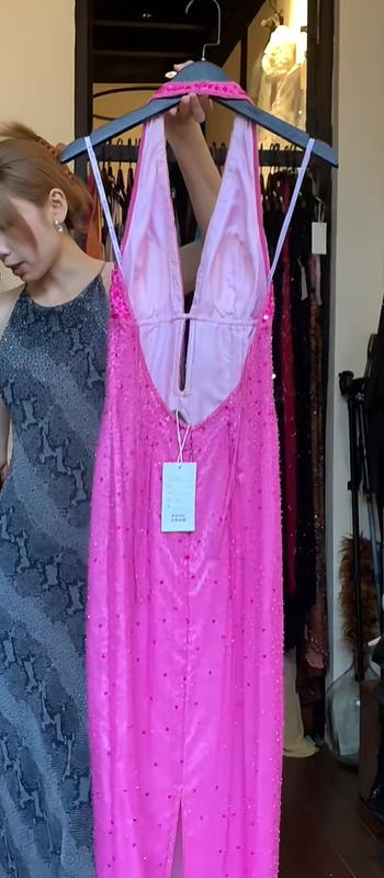Hot Pink Halter Prom Dress Deep V Neck All Over Beaded Sequin Long Formal Evening Gown gh9840