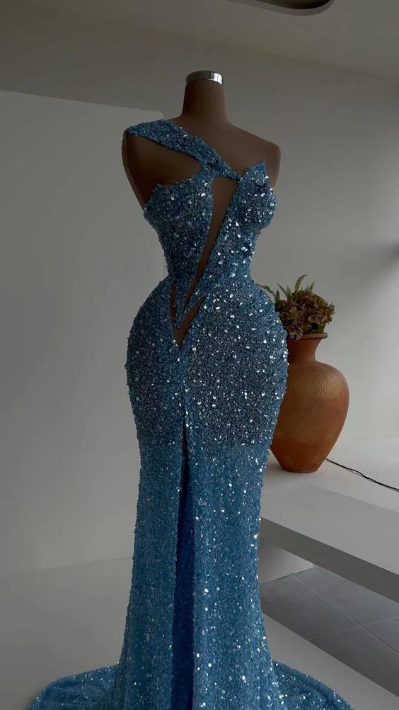 Blau wunderschöne sexy Pailletten elegante lange Schlitz Meerjungfrau schlank bodenlangen Ballkleid Abendkleid Partykleid gh3389