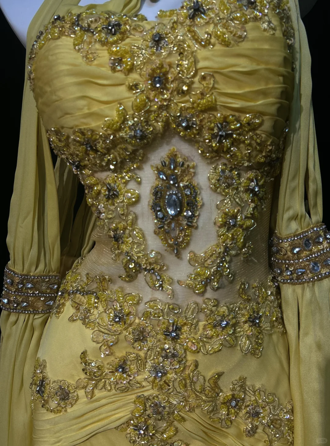 Halter Golden Yellow Prom Dress Sheer Bodice Rhinestone Floral Embroidery Tiered Chiffon Mermaid Formal Gown gh9554