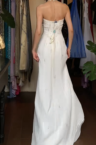 White Vintage Prom Dress Strapless Tube Top Hand Beaded Chiffon Front Slit Long Evening Gown gh9612