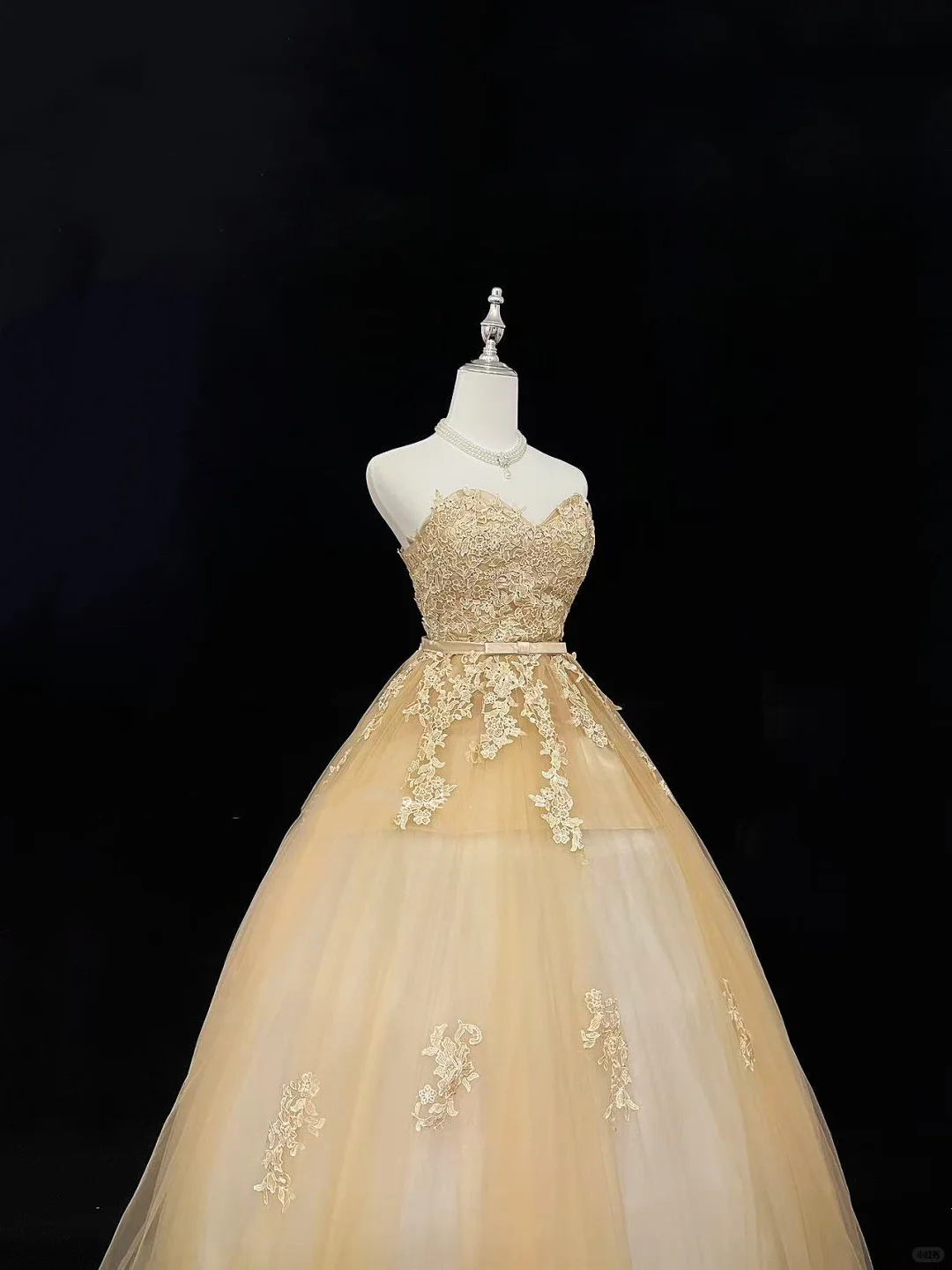 Golden Strapless Embroidered Cinched Waist Full Flared Skirt Long Luxury Romantic Dress, Wedding Gown gh8007