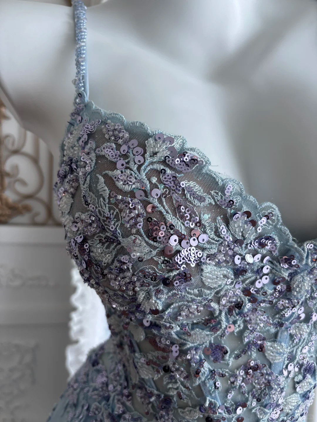 Light Blue Spaghetti Straps Fitted Waist Sexy Mermaid Skirt Prom Gown & Evening Gown gh7353