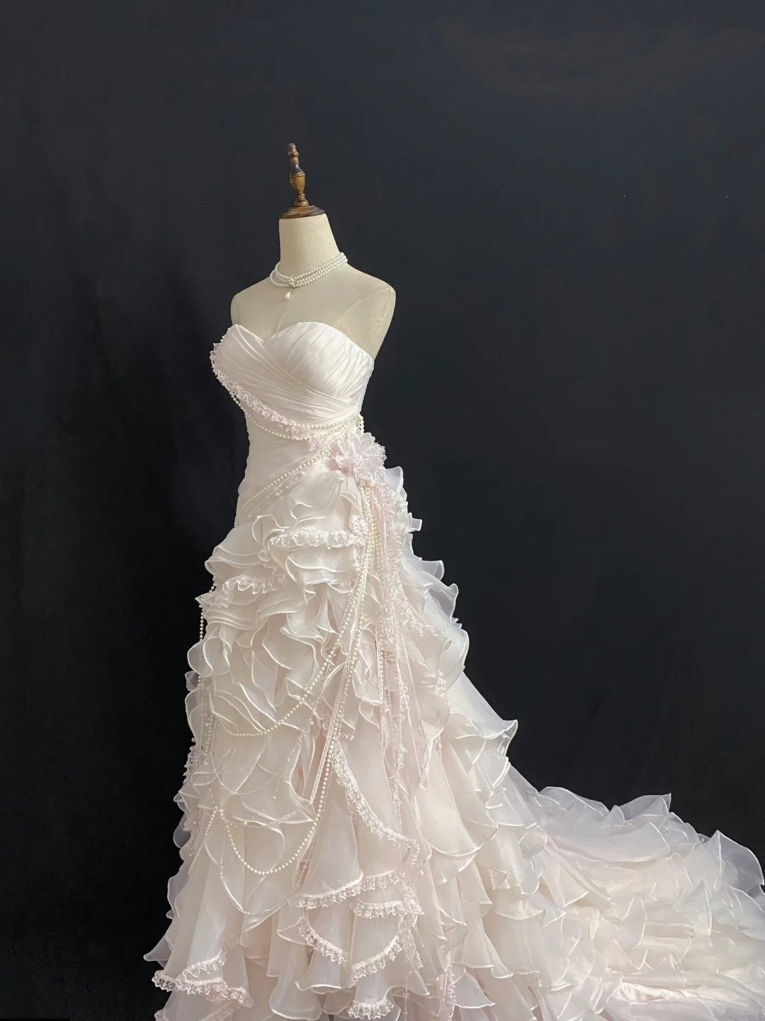 Blush Pink Floral Strapless Wedding Dress, Cinched Waist, Long Puffy Skirt gh8273