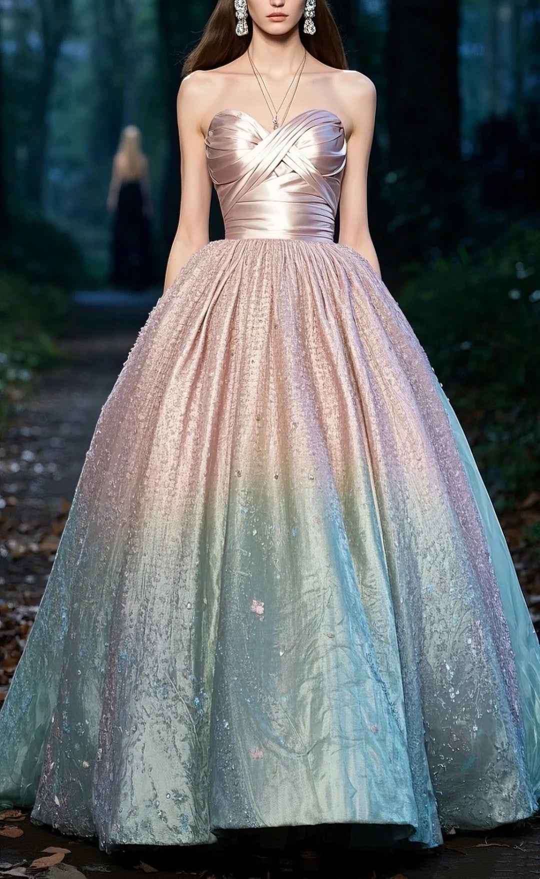 Robe de soirée longue en satin brillant, rose et vert ombré, avec perles gh4781