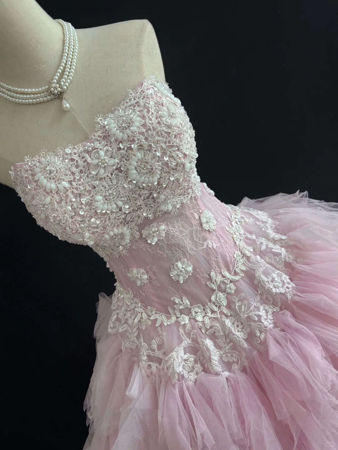 Pink Strapless Romantic Dress With Lace, Cinched Waist, Voluminous Elegant Vintage Skirt, Wedding Gown gh8098