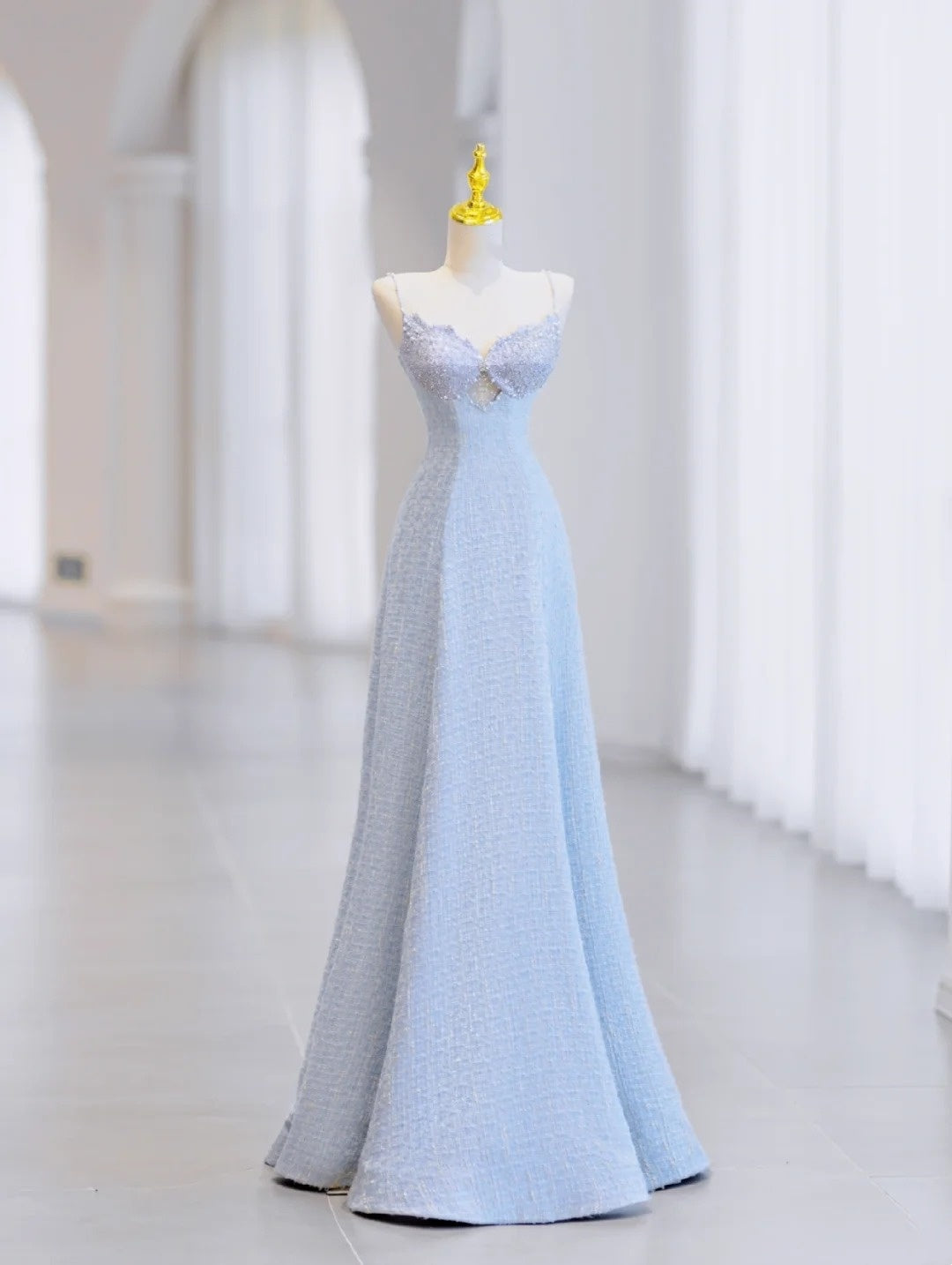 Blaues, modisches langes Satin-Ballkleid, Abendkleid, Partykleid gh4734
