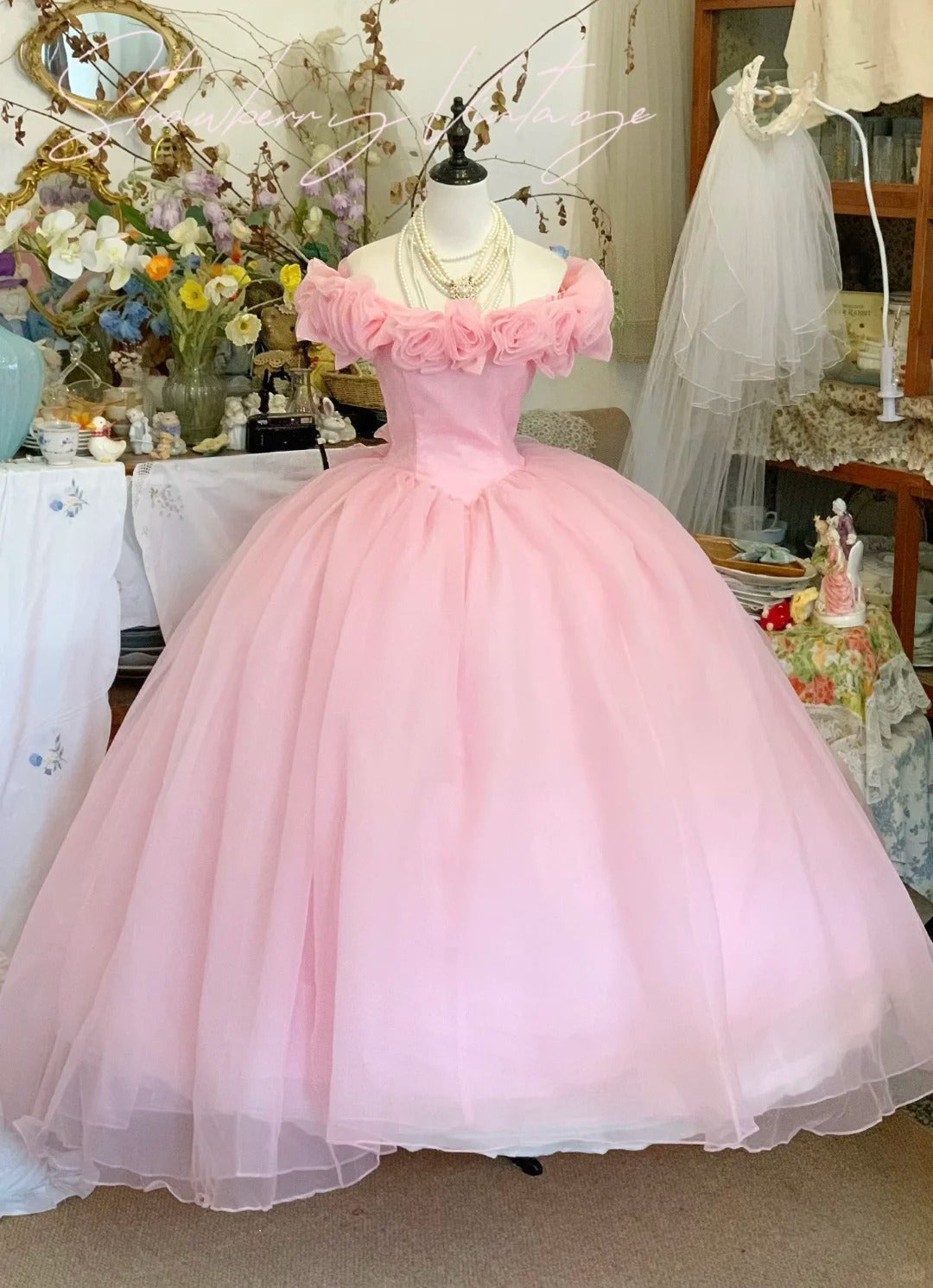 Rosa Blumen Langes Tüll Ballkleid Abendkleid Quinceanera Kleider Brautkleid gh4582