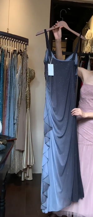 Spaghetti Strap Grey Blue Ombre Tulle Prom Dress V Neck Draped Ruched Beaded Waist Formal Evening Gown gh9813