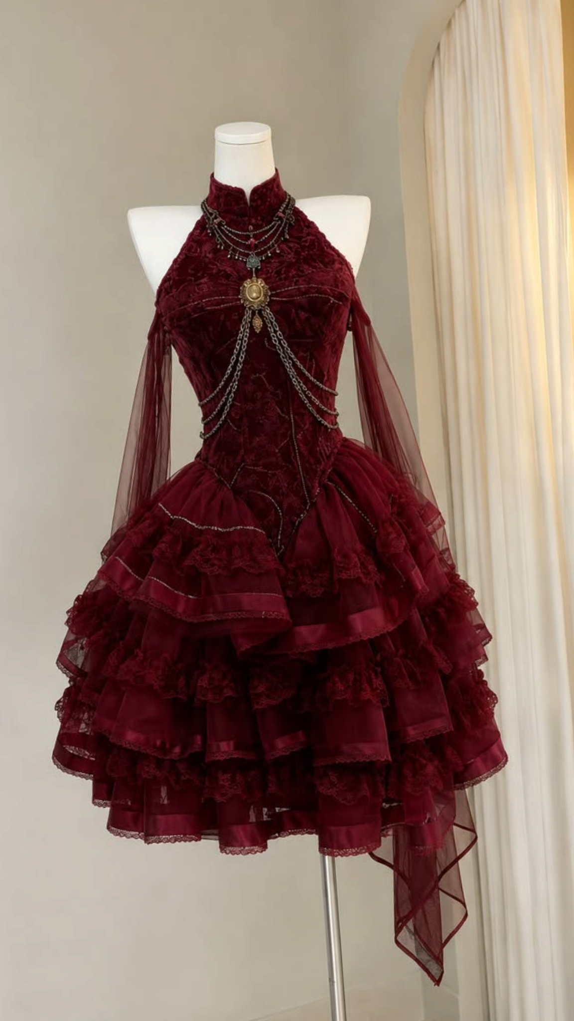 Burgundy Halter Waist-Cinched Tiered Ruffle Ball Gown, Birthday Party Prom Dress gh7304