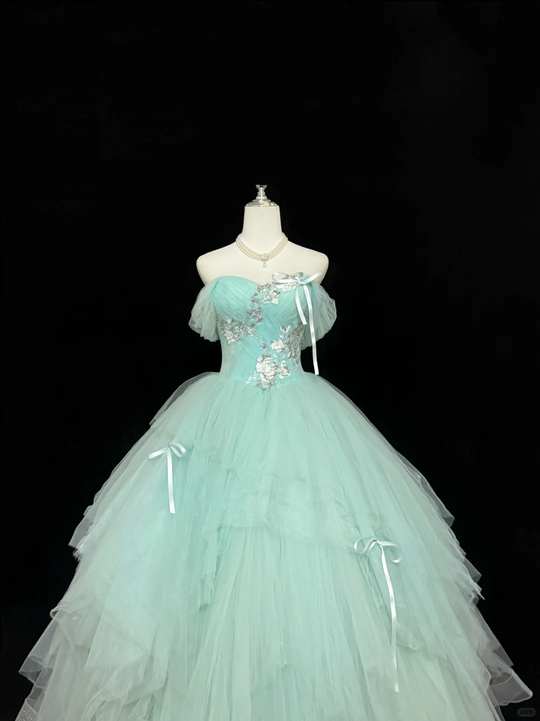 Light Lake Blue Off-the-Shoulder Cinched Waist Voluminous Skirt Long Romantic Dress, Wedding Gown gh7843