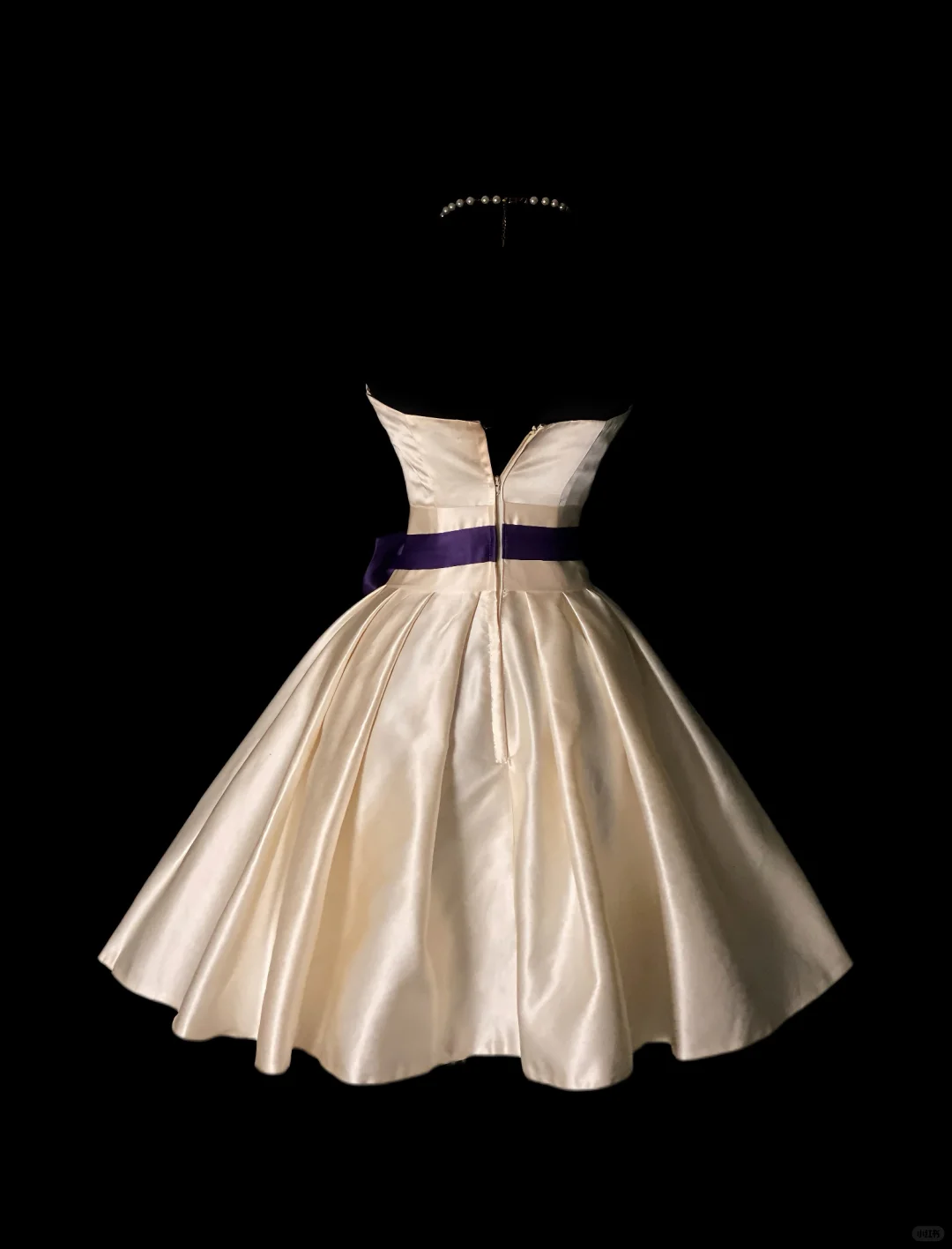 Champagne Vintage Short Prom Dress, Strapless Sweetheart Neck, Bust Pleated Detail, High Waist, Purple Sash With Big Bow, Satin Full Swing Skirt, 50s Retro Cocktail Gown gh8889