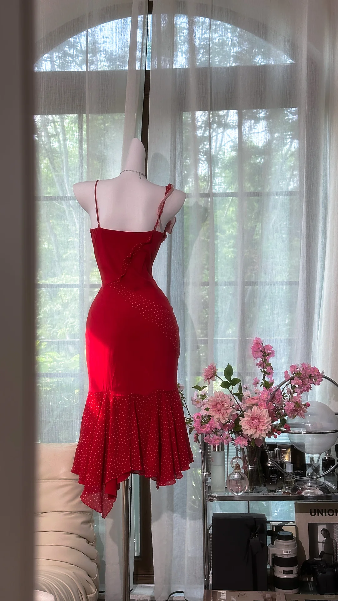 Red V-Neck Asymmetrical One Shoulder 3D Floral Polka Dot Ruffle Midi Mermaid Evening Gown gh9526