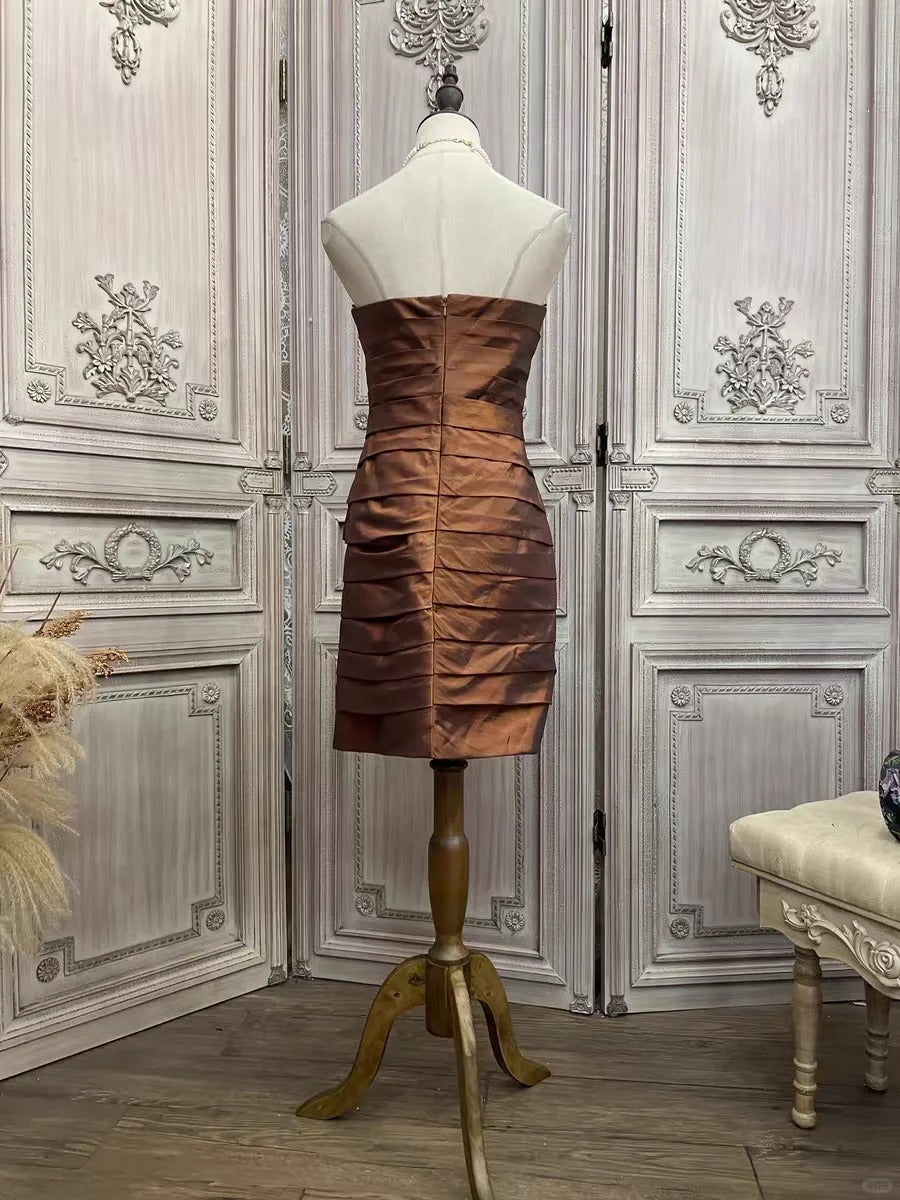 ✨Girlhomeshops-Brown rhinestone short satin homecoming dress prom party dress gh4985