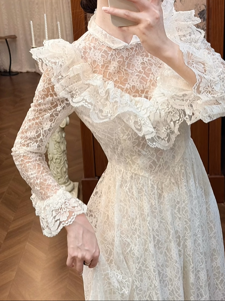 Cream Vintage All‑Lace Wedding Gown, Sheer High Neck With Ruffle Yoke, Long Lace Sleeves With Ruffle Cuffs, Pointed Waist, Multi‑Tiered Ruffle Lace Tiered Skirt, Prom Dress gh8638