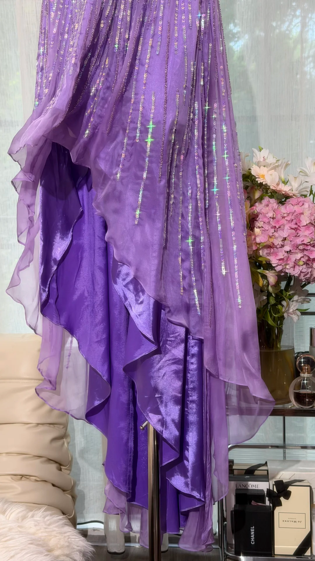 Lavender Strapless Sequin High Low Prom Dress, Beaded Waist Irregular Flowy Tulle Evening Gown, Sparkly Formal Party Dress gh9495