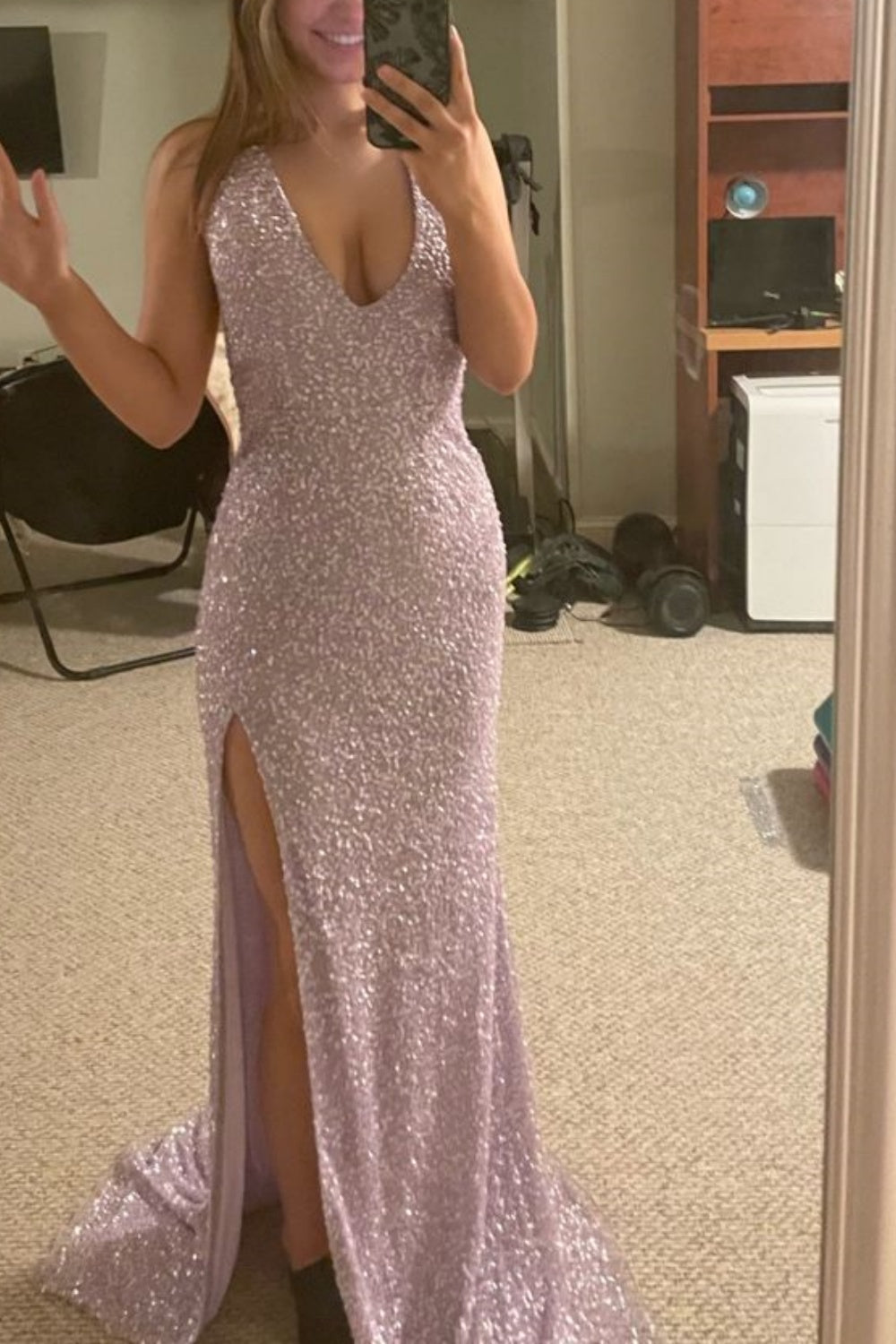 Girlhomeshops - Charmante et brillante, longue robe fendue à paillettes, simple et tendance pour la remise des diplômes gh5868