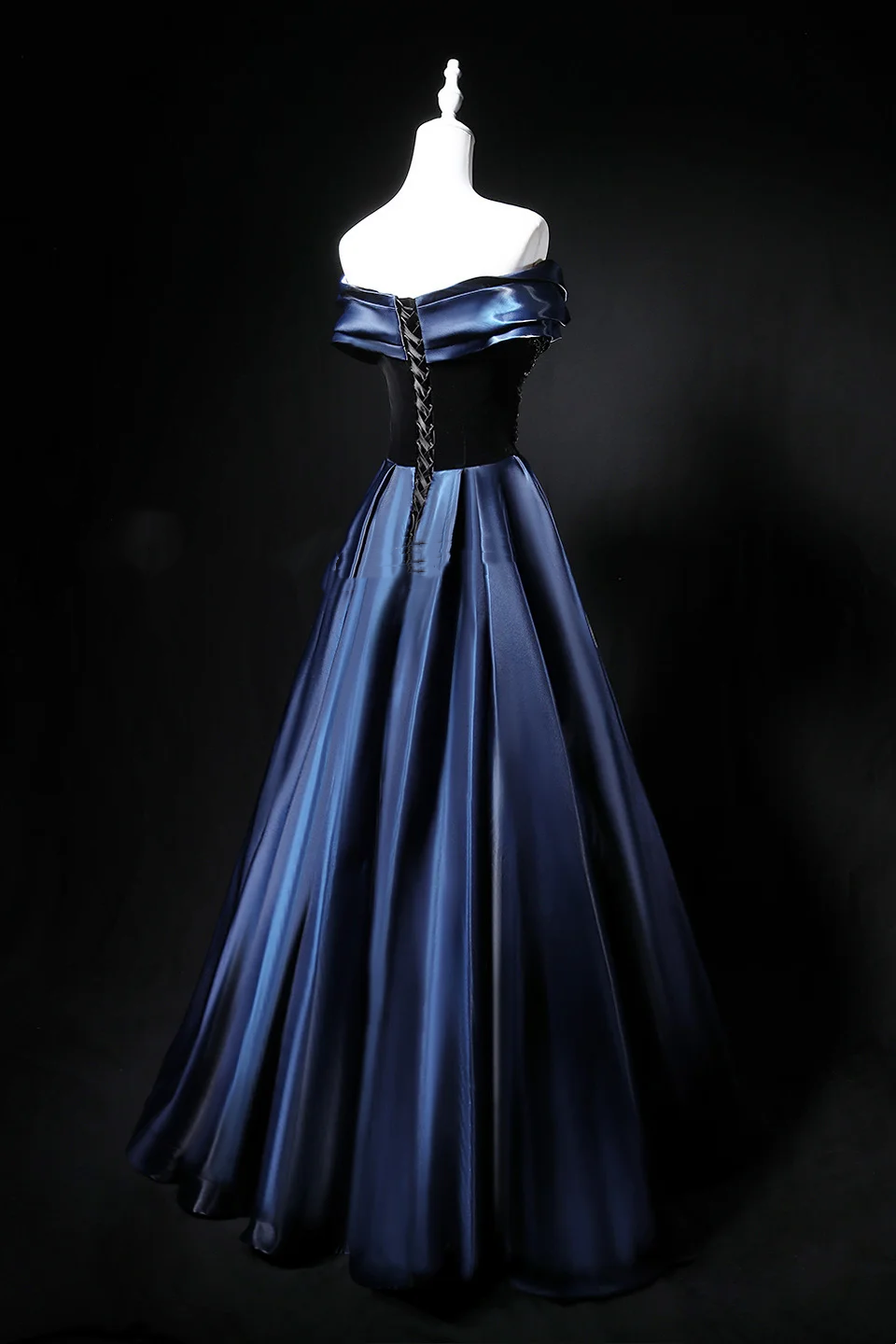 Navy Blue Off-Shoulder Waist-Cinched Fitted Full Flared Long Evening Dress, Fairy Gown, Romantic Gown gh7478
