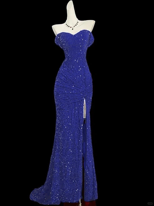 Robe de soirée bordeaux brillante à paillettes et queue de poisson gh4363
