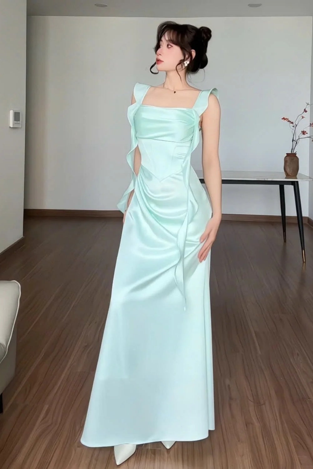 Stilvolles, schlichtes, fließendes Schleifenband, elegantes langes Satin-Abendkleid/Partykleid gh7084