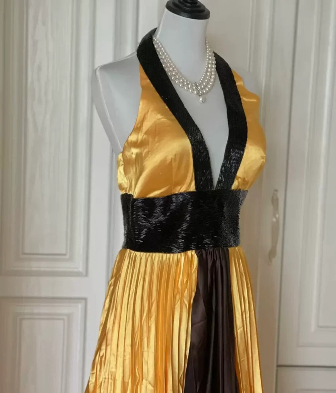 Robe de soirée longue en satin jaune à perles exquises, robe de bal tendance, gh4267