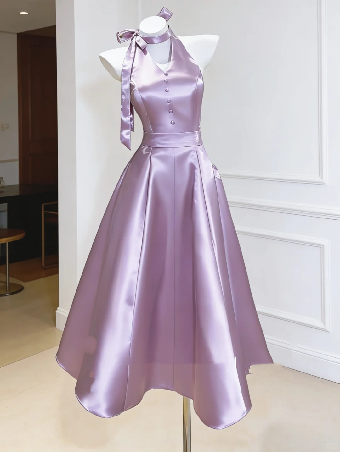Light Color Halter Waist-Cinched Fitted Satin Elegant Evening Dress, Fairy Gown, Romantic Gown gh7380