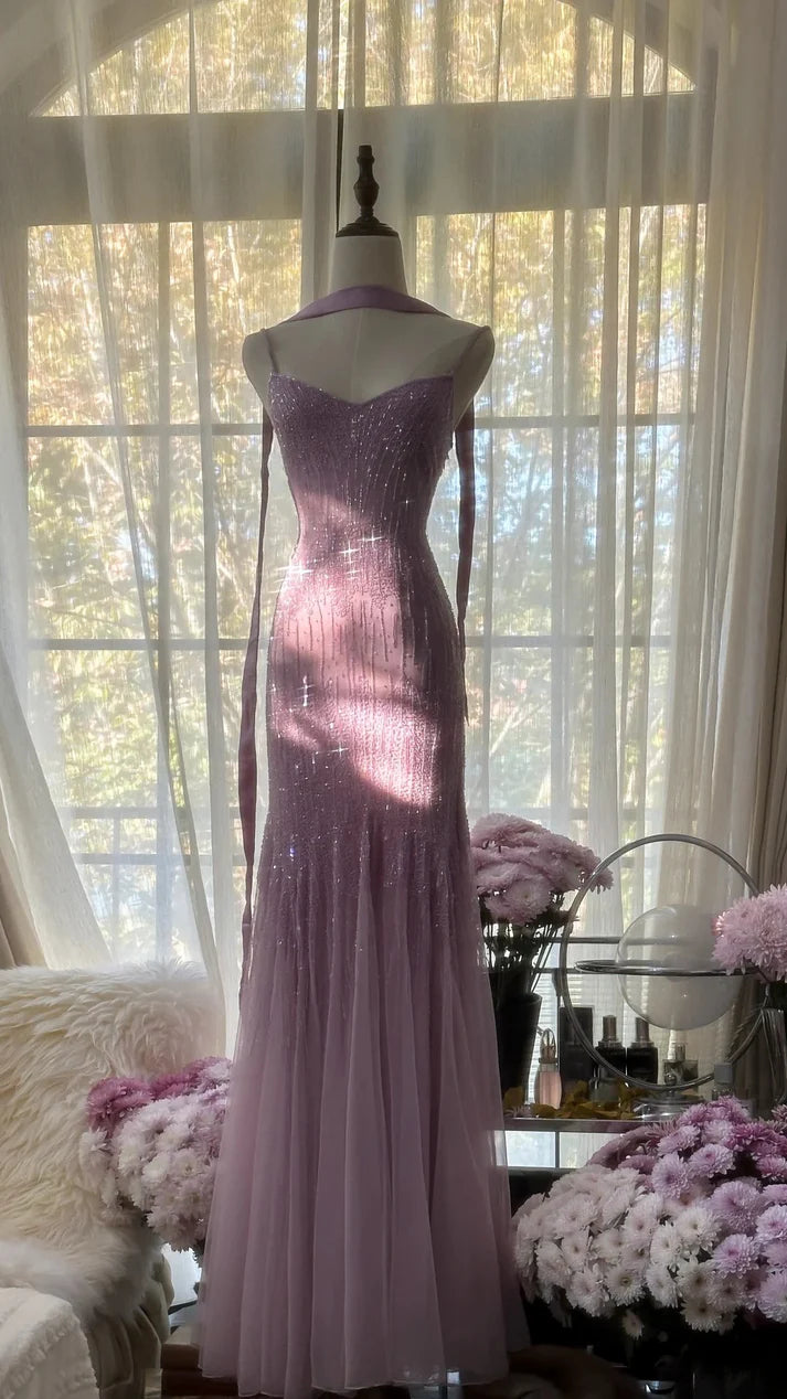 Robe de soirée sirène rose, violette, élégante et brillante, avec perles, coupe ajustée, longue, en mousseline de soie, bretelles spaghetti, tulle, paillettes, robe de bal formelle, gh3654