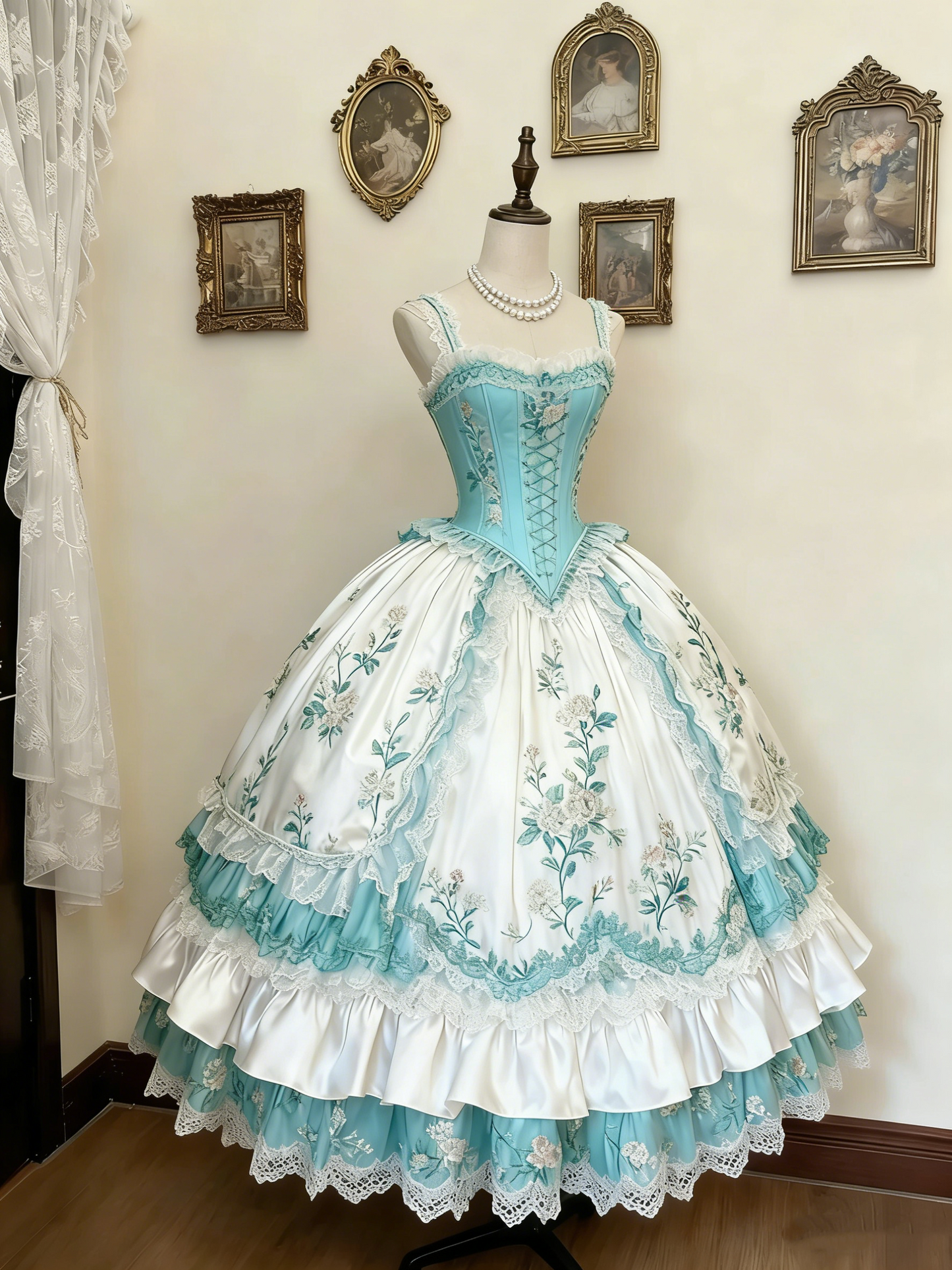 Robe de palais rococo rose verte et blanche gh6781