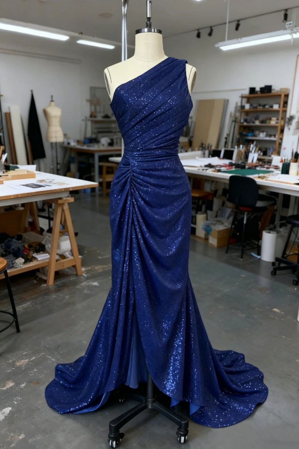 girlhomeshops - Robe longue à sequins scintillants asymétrique bleue avec traîne gh6169