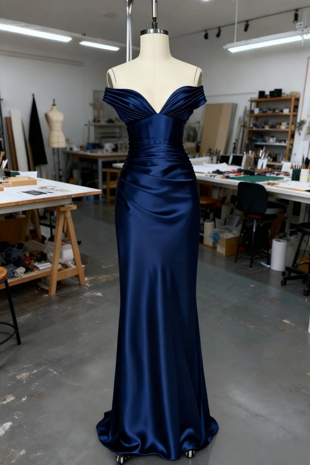 girlhomeshops-Blaues, elegantes und schlichtes langes Satinkleid gh6168