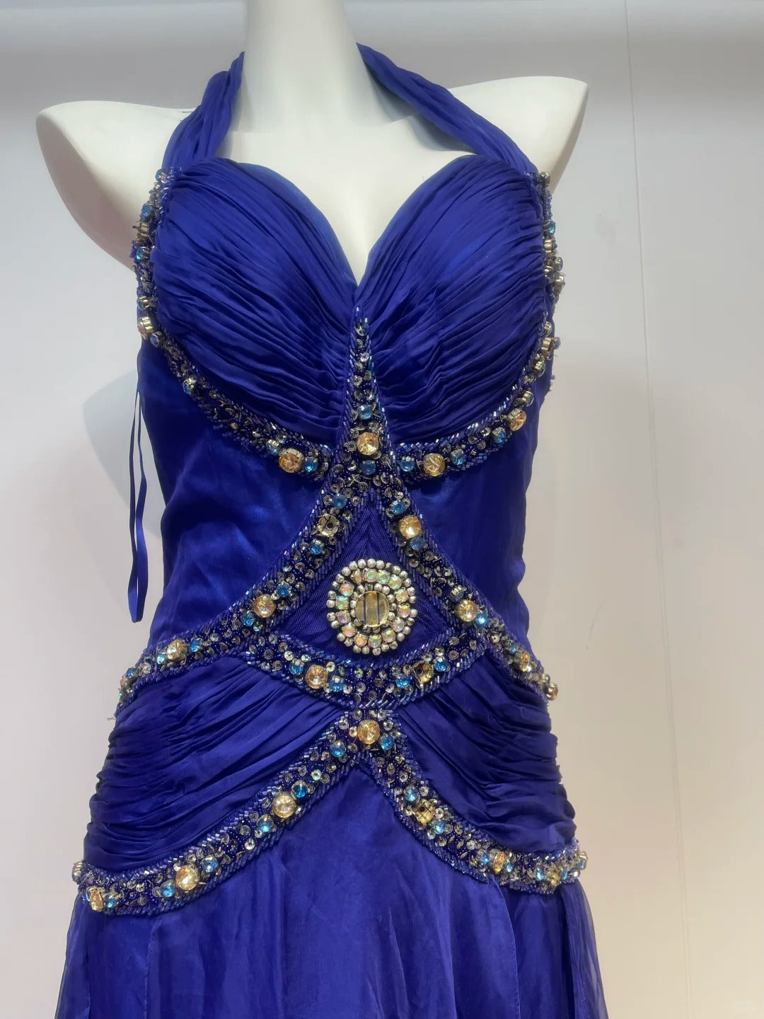 Blaues Strass-elegantes langes Satin-Ballkleid, Abendkleid, Geburtstagspartykleid, gh4946