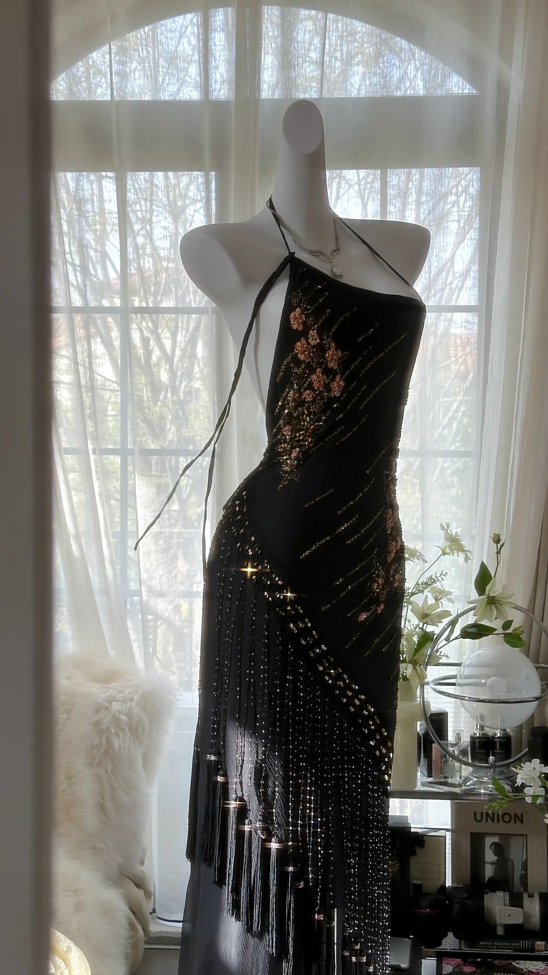 Black Vintage Fashion Delicate Floral Tassel Beaded Long Chiffon Ball Gown Birthday Party Dress Evening Gown Prom Dress gh3972