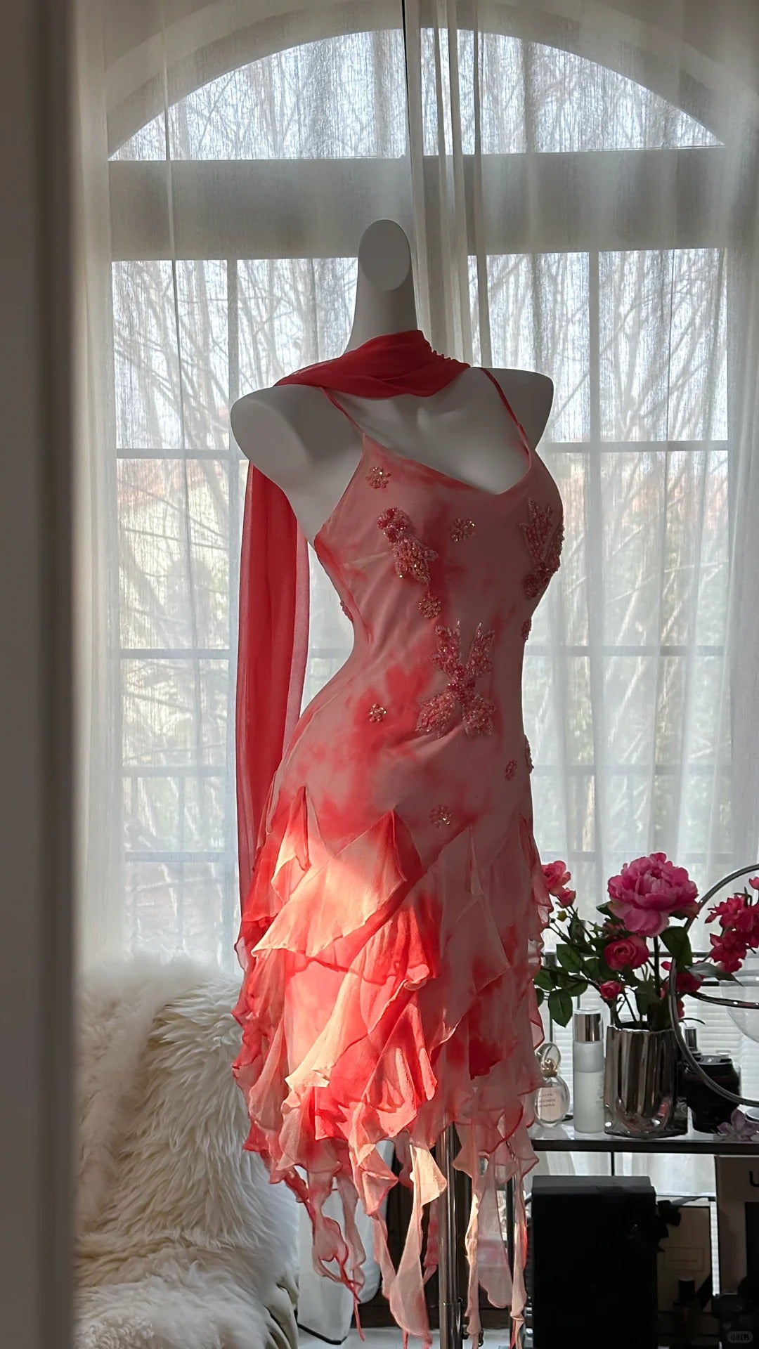 Rosa Romantisch Elegant Exquisite Blumen Perlen Rückenfrei Kurzes Chiffon Rüschen Homecoming Kleid Ballkleid Abendkleid Geburtstag Urlaub Partykleid Ballkleid gh4011
