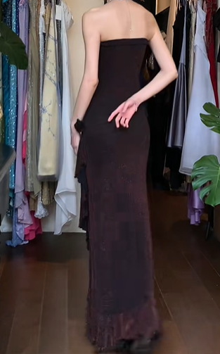 Dark Brown Vintage Prom Dress Strapless Tube Neck All Over Sequin Bodycon Layered Ruffle Tulle Long Evening Gown gh9613