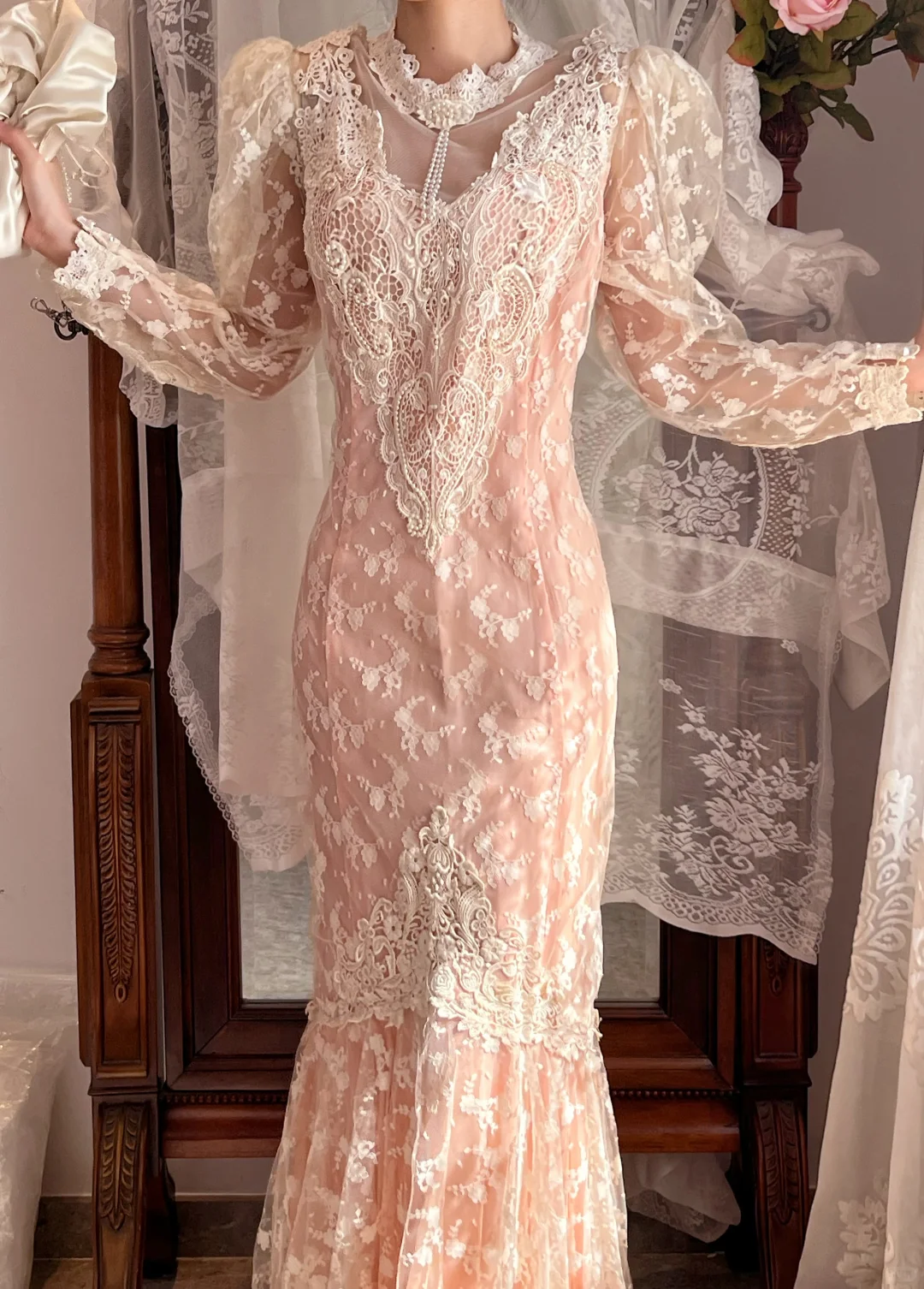 Dusty Pink Vintage Lace Mermaid Long Gown, Puff Long Sleeve Formal Dress gh9299