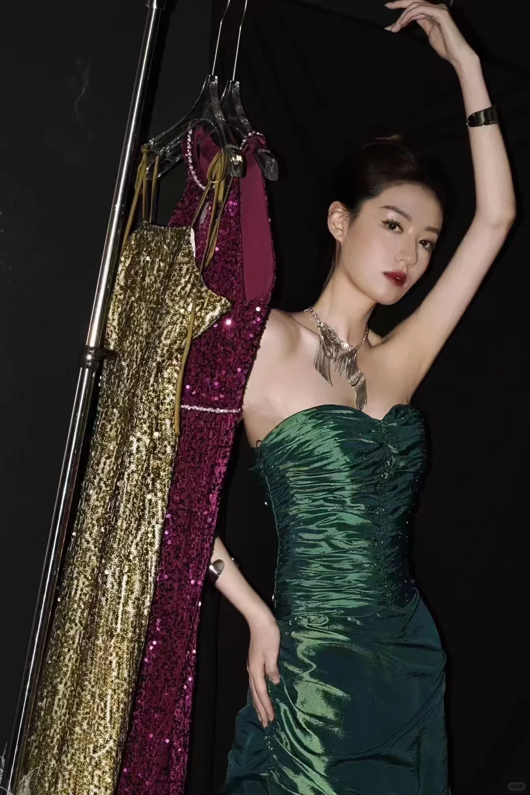 Dark Green Iridescent Strapless Ruffled Long Evening Gown Ruched Prom Dress gh9853