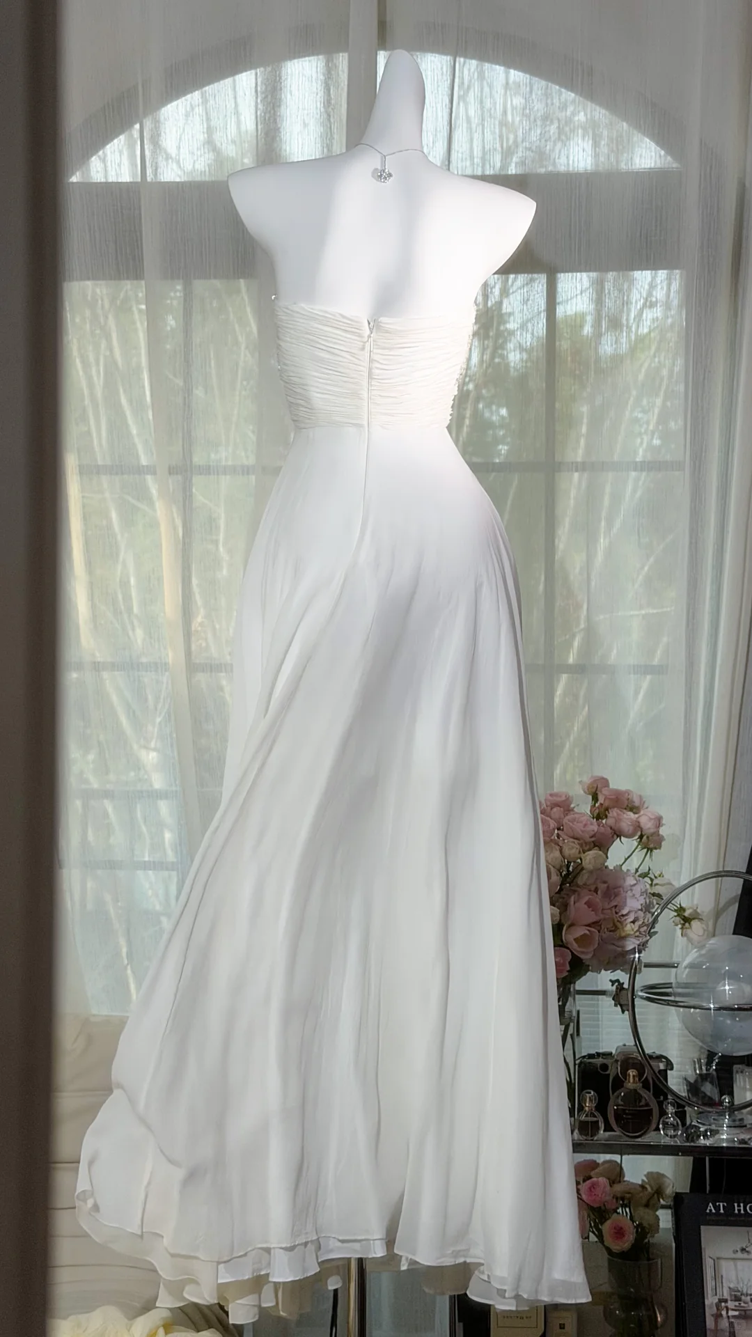 White Strapless Sweetheart Heavy Beaded High Waist Chiffon A-Line Evening Dress, Prom Gown gh9520