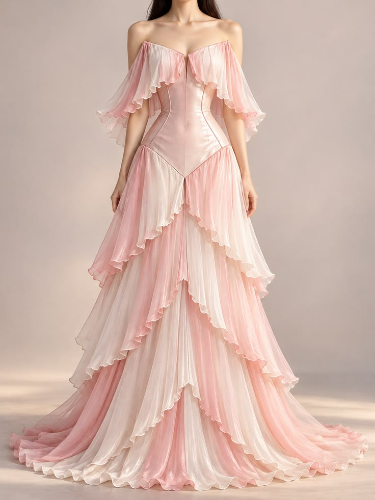 ✨Girlhomeshops-Off Shoulder Pink White Ombre Tiered Ruffle Corset Prom Gown gh10205