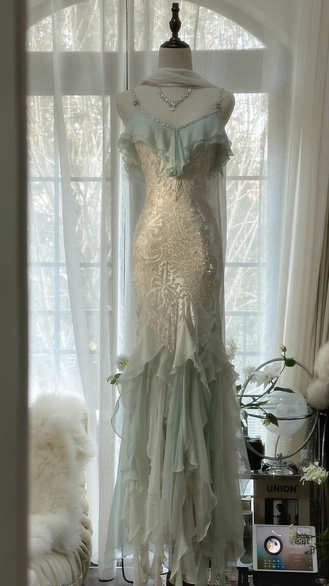 mint green and silver dress Mint Green Strapless A-line Long Prom Dress Evening Dress With Beading –  SELINADRESS main image 1