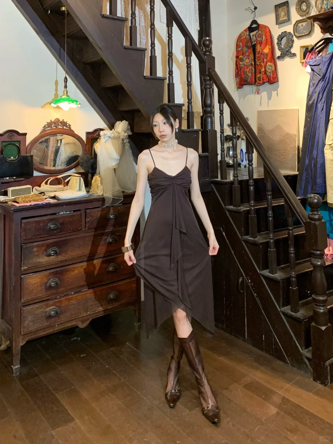Twist Front Dark Brown Chiffon Evening Dress, Spaghetti Strap Irregular Hem Midi Formal Gown gh9879