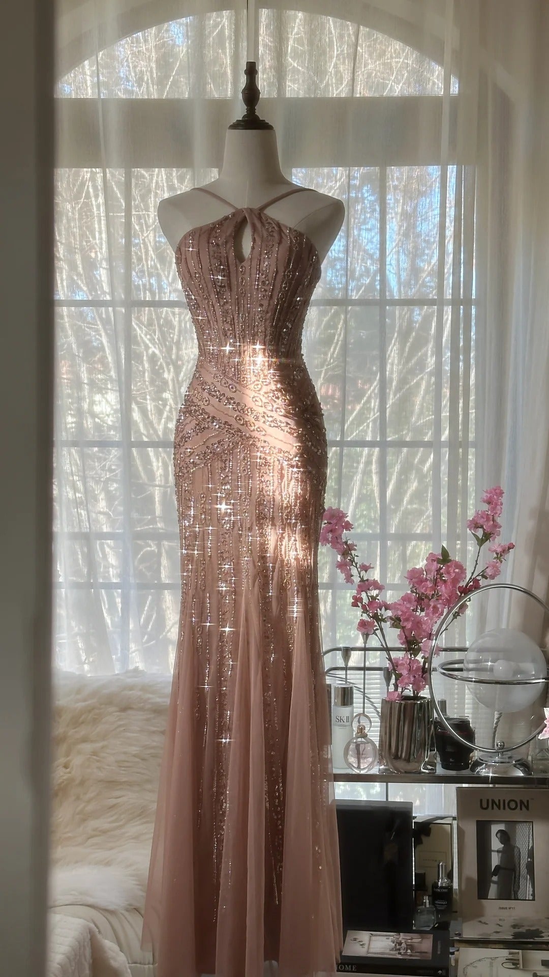 Rosa Luxus wunderschöne elegante romantische exquisite Perlen lange Chiffon Ballkleid Abendkleid Partykleid Ballkleid Valentinstag Datum Kleid gh4047